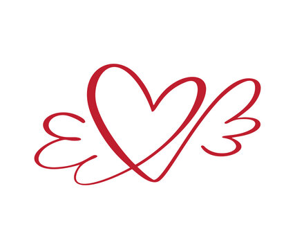Love icon vector calligraphic heart with wings. Hand drawn valentine day calligraphy logo. Decor for greeting card, mug, photo overlays, t-shirt print, flyer, poster design