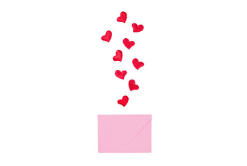 isolated  pink envelope and hearts that fly out of it on a white background flat lay
