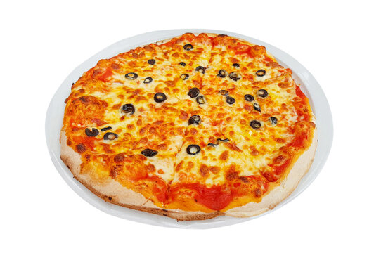 Italian pizza, Pizza Margarita with mozzarella cheese and black olives in white plate isolated on white background, template for your design and menu of restaurant, With clipping path included.