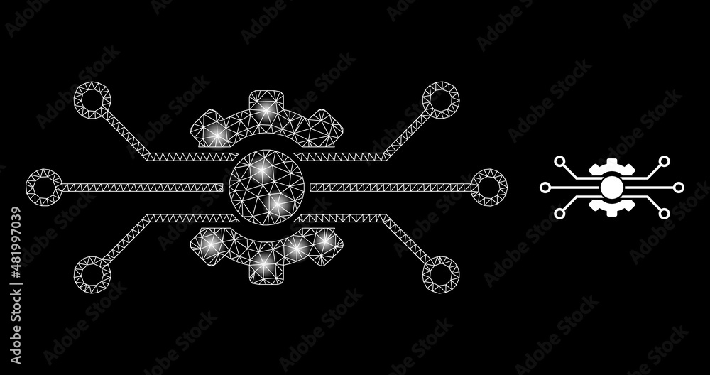 Poster circuit gear icon and constellation mesh circuit gear model with glossy light spots. illuminated con