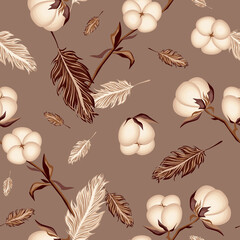 Seamless pattern with soft cotton flowers, branches and feathers on brown background. Botanic cozy natural vector illustration.