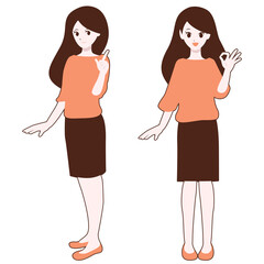 手でサインする女性の全身イラスト