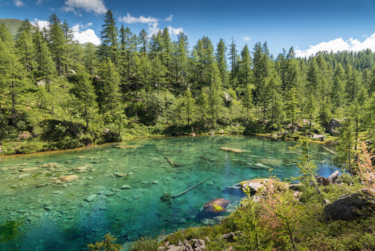 Lago delle Streghe alpine lake at Alpe Devero Italy with trees and clear water