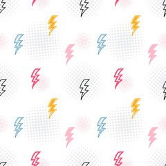 Vector Colorful  Flash. Lightning Bolts Seamless Pattern. Halftone Background with Doodle Lightning Signs, Thunderbolts, Energy Thunder bolt. Vector illustration