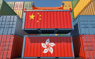 Freight containers with Hong Kong and China national flags. 3D Rendering 