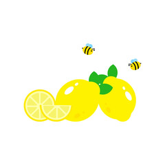 Honey bees with yellow lemon fruit and natural fresh juices.