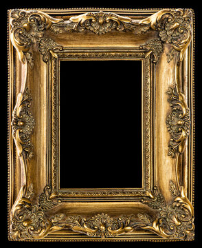 Golden baroque picture frame black background. Vintage decoration