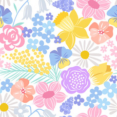 Spring hand drawn flower seamless pattern. Spring floral background - 481999667
