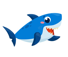 Cartoon cute shark smiles and waves. Illustration on a white background.