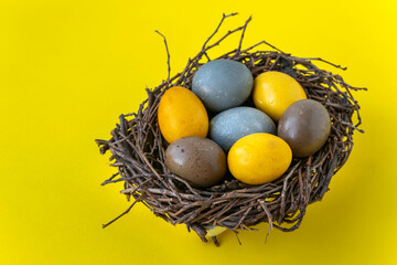 Happy Easter concept. Colorful Easter eggs in birds nest on bright yellow background. Copy space