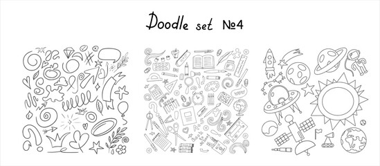 Back to school. Hand draw space illustration with sketch arrows. Big vector doodle set. Stationery for school, university and office. Hand-drawn school supplies. Cute, children s vector drawing about