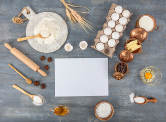 The cooking process. Mix ingredients for sponge cake, scones, muffins or muffins. Preparation stage. Cooking and cooking concept, ingredients and utensils. Empty space for text.