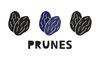 Prunes, silhouette icons set with lettering. Imitation of stamp, print with scuffs. Simple black shape and color vector illustration. Hand drawn isolated elements on white background - 482001285