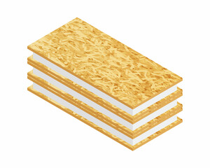 Isometric vector illustration SIP panels for construction of houses isolated on white background. Realistic structural insulated panels from OSB and expanded polystyrene icon. Warm house wall panels.