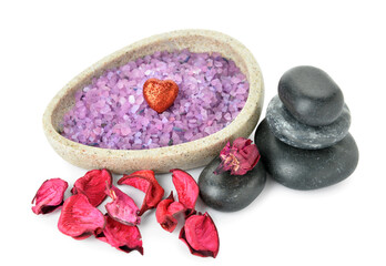 Bowl with sea salt and spa stones isolated on white background. Valentine's Day celebration