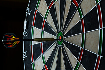 Side view of professional darts board with arrow in bull's eye in the dark.