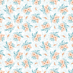 Ditsy print. Outline Flower Bouquets Seamless Pattern. Blue Orange Vector Floral design. Plant background