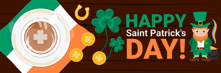 Happy Saint Patrick's Day banner with clover leaves, cup of coffee, leprechaun, gold coins and napkin in the colors of the Irish flag. Holiday template with text. Flat design vector illustration