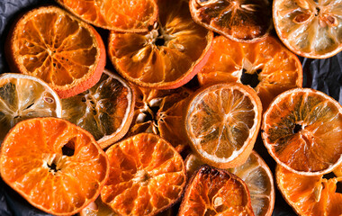 Dehydrated dried oranges and lemons. Top view of the amazing texture of some homemade dehydrated...
