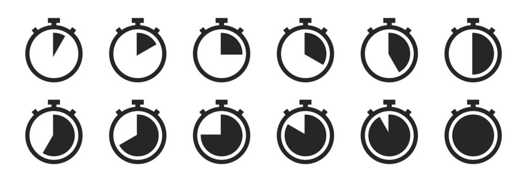 Timer and stopwatch icons. Time clock, watch pictograms. Vector. Chronometer stopping hour, minute, second symbols.Illustration of speed countdown and intervals, alarm set.