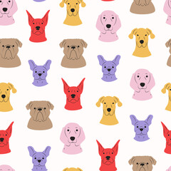 Vector trendy seamless pattern with funny pet animals; cute dogs on white: dachshund; doberman; great dane; french bulldog. Animal pattern; perfect for baby textile; kids room decor; fabric; wrapping