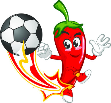 vector mascot character illustration of cute chili kicking soccer ball