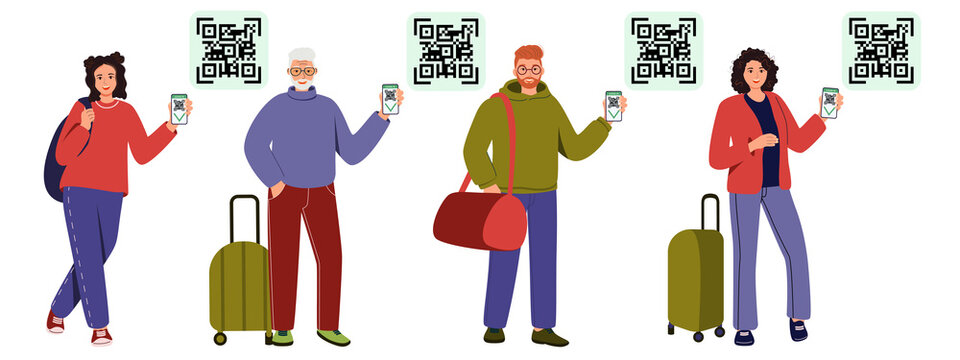 Young, adults, seniors with luggage, bags show the QR code of the Covid-19 vaccine on the phone. Travel is allowed. Men and women with a verified vaccination certificate. Isolated vector illustration