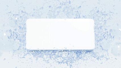 White card with water splashing isolated on blue background. 3D Illustration