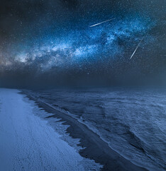 Hel peninsula and milky way with falling stars, Baltic Sea.