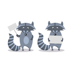 Raccoon with sign. flat vector illustration.