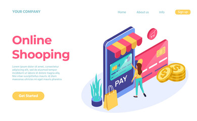 Fototapeta na wymiar Landing page online shopping isometric 3d style. Vector online business isometric store, internet shop and e-commerce illustration
