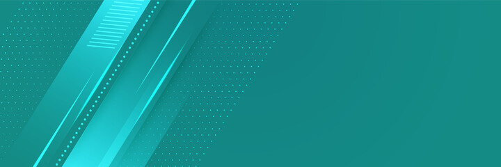 Fototapeta premium Technology global tosca wide banner design background. Abstract 3d banner design with dark green technology geometric background. Vector illustration
