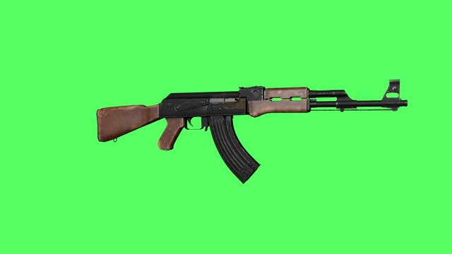 real russian machine gun ak 47 rotating on a green chroma key background. concept of defense, 3d animation