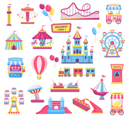 Amusement park elements, castle and attraction, shooting range. Vector amusement park, castle and carousel, rollercoaster entertainment illustration