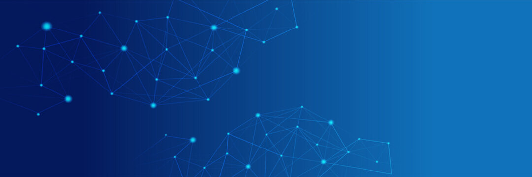 Networking neon style blue wide banner design background. Abstract modern 3d banner design with dark blue technology geometric background. Vector illustration