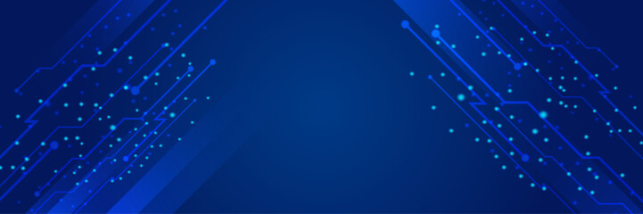 Networking neon style blue wide banner design background. Abstract modern 3d banner design with dark blue technology geometric background. Vector illustration