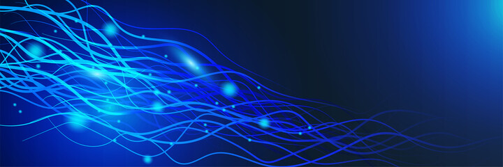 Networking neon style blue wide banner design background. Abstract modern 3d banner design with dark blue technology geometric background. Vector illustration