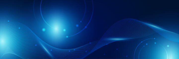 Networking neon style blue wide banner design background. Abstract modern 3d banner design with dark blue technology geometric background. Vector illustration