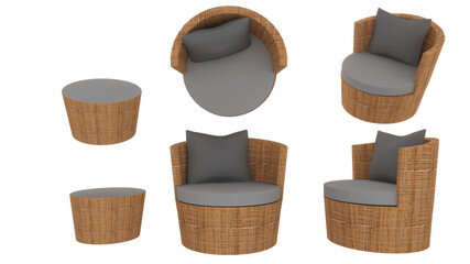 Armchair in brown rattan with gray fabric lining.3d rendering