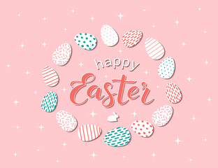 Religious holiday greeting card. Happy  Easter lettering. Vector illustration for invitation, poster, card, flyer, cover, banner, placard and brochure. Congratulations on a religious holiday