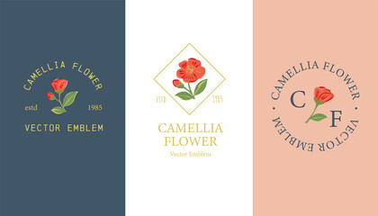 Red camellia flowers vector emblem design template set - obrazy, fototapety, plakaty