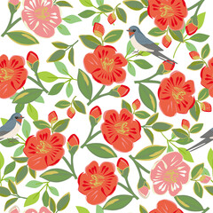 Red camellia flowers and swallow bird seamless pattern	