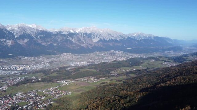 Mountain Valley Aerial on Sunny Day, Beautiful Alpine Landscape.