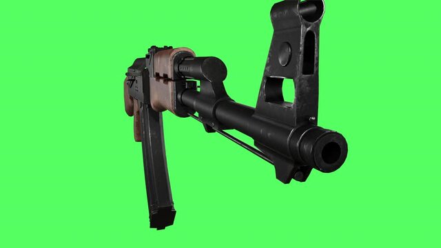 real russian machine gun ak 47 rotating close-up on a green chroma key background. concept of defense, 3d animation