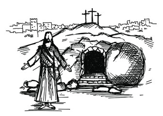 Empty tomb of Jesus Christ. Crucifixion on Calvary. City of Jerusalem. Easter sketch.