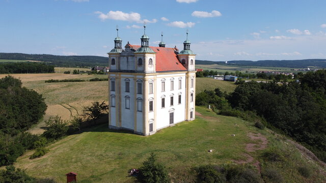Kaple sv. Flori&aacute;na Moravsky Krumlov historical old town chappel on a scenic hill-aerial panorama view Southern Moravia Czech republic Saint Florian baroque chapel