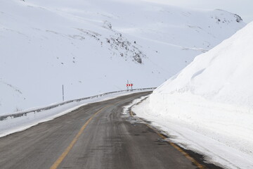 asphalt roads covered with snow in winter.Turkey