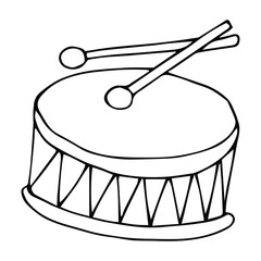 Fototapeta na wymiar Drum. Hand drawn drum and drum sticks illustration. Drum icon sketch.