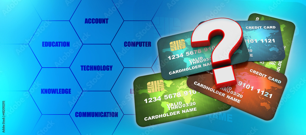 Poster 3d rendering question mark on credit or debit card