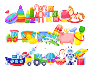 Kids toy piles, horse and rabbit for kindergarten. Vector pile toys for entertainment in childhood illustration, airplane and bear